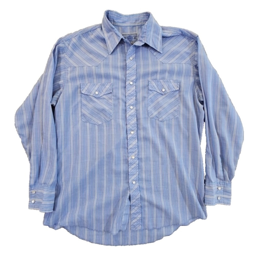 American Hero Mens Blue Plaid Pearl Snap Western Shirt Long Sleeve EUC Size Lrg